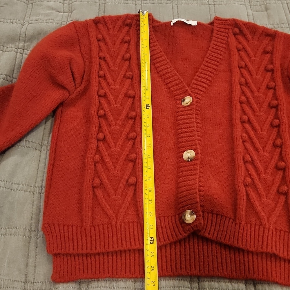 Chic Rusty Red Cable Knit Cardigan Swater By Egreis Size L! - Picture 7 of 8